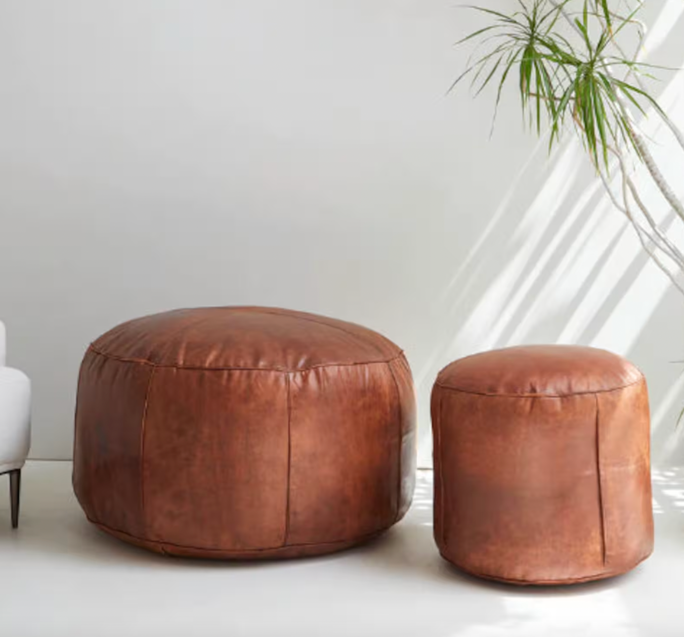 Round Brown Moroccan Leather Pouffe