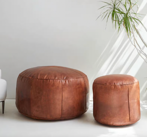 Round Brown Moroccan Leather Pouffe