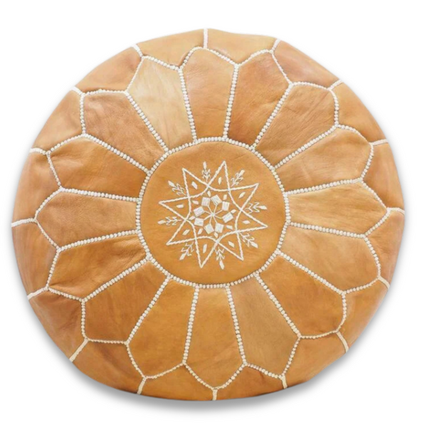 Light Tan Brown Natural Moroccan Leather Ottoman Pouffe