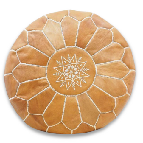 Light Tan Brown Natural Moroccan Leather Ottoman Pouffe