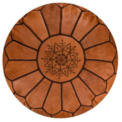 Brown with Dark Brown Embroidery Moroccan Ottoman Pouf Leather