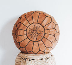 Brown with Dark Brown Embroidery Moroccan Ottoman Pouf Leather