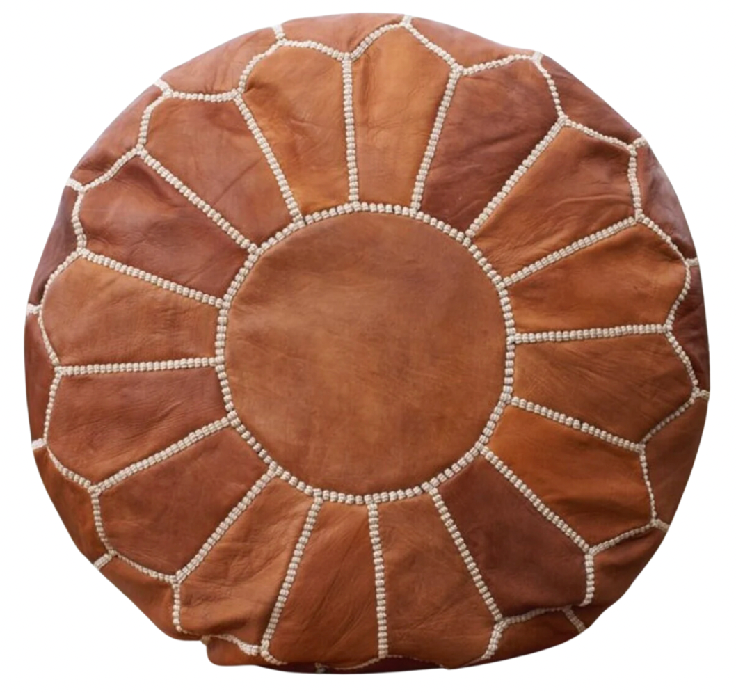 Tan Moroccan Leather Ottoman Pouffe Unembroidered