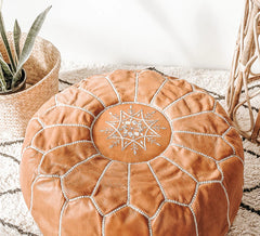 Light Tan Brown Natural Moroccan Leather Ottoman Pouffe
