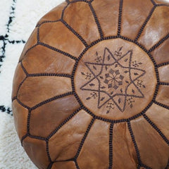 Brown with Dark Brown Embroidery Moroccan Ottoman Pouf Leather