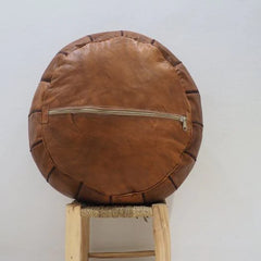 Brown with Dark Brown Embroidery Moroccan Ottoman Pouf Leather