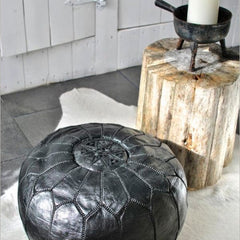 Black Leather Moroccan Pouf