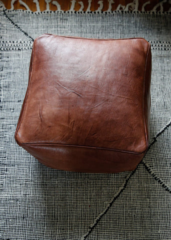 Brown Square Leather Ottoman Footstool