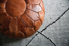 Tan Brown Piping Moroccan Leather Pouffe