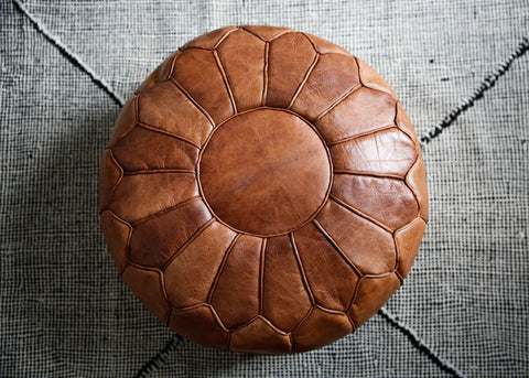 Tan Brown Piping Moroccan Leather Pouffe