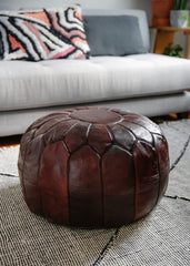Mahogany Brown Piping Moroccan Leather Pouffe