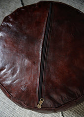 Mahogany Brown Piping Moroccan Leather Pouffe