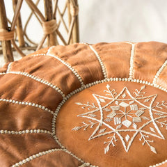 Light Tan Brown Natural Moroccan Leather Ottoman Pouffe