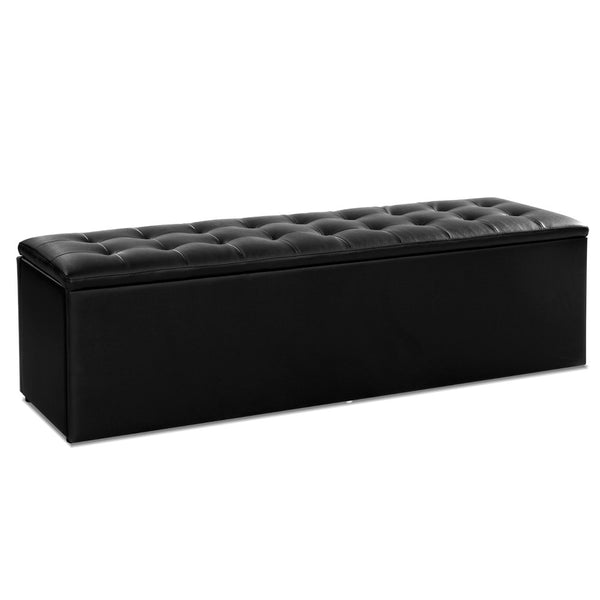 Large Tufted Leather Ottoman With Storage - Black