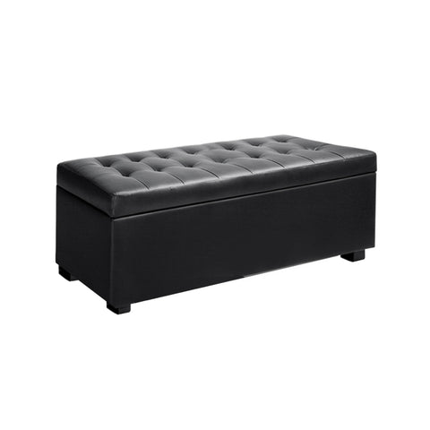 PU Leather Button-Tufted Storage Ottoman - Black