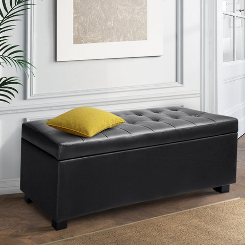 PU Leather Button-Tufted Storage Ottoman - Black