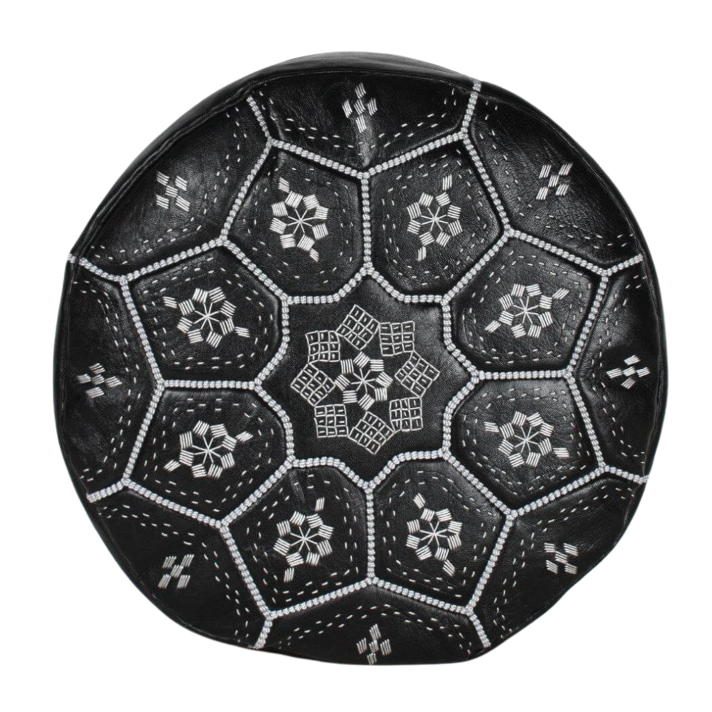 Full Embroidery Black Moroccan Pouf Leather