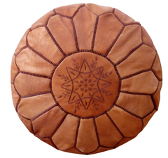 Brown with Dark Brown Embroidery Moroccan Ottoman Pouf Leather