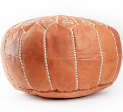 Tan Brown Full Embroidered Moroccan Leather Ottoman Pouffe