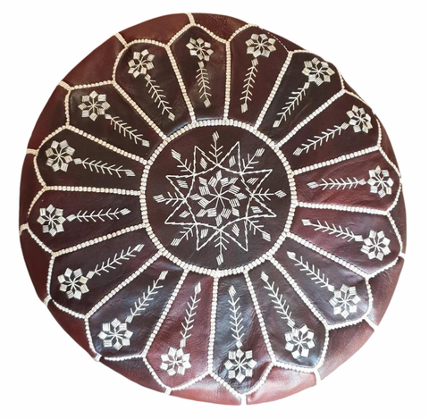 Dark Brown Full Embroidered Moroccan Leather Ottoman Pouffe