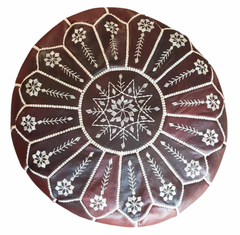 Dark Brown Full Embroidered Moroccan Leather Ottoman Pouffe