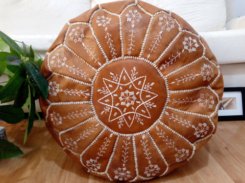 Full Embroidery Tan Brown Moroccan Pouf Leather