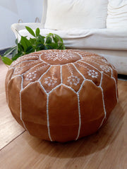 Full Embroidery Tan Brown Moroccan Pouf