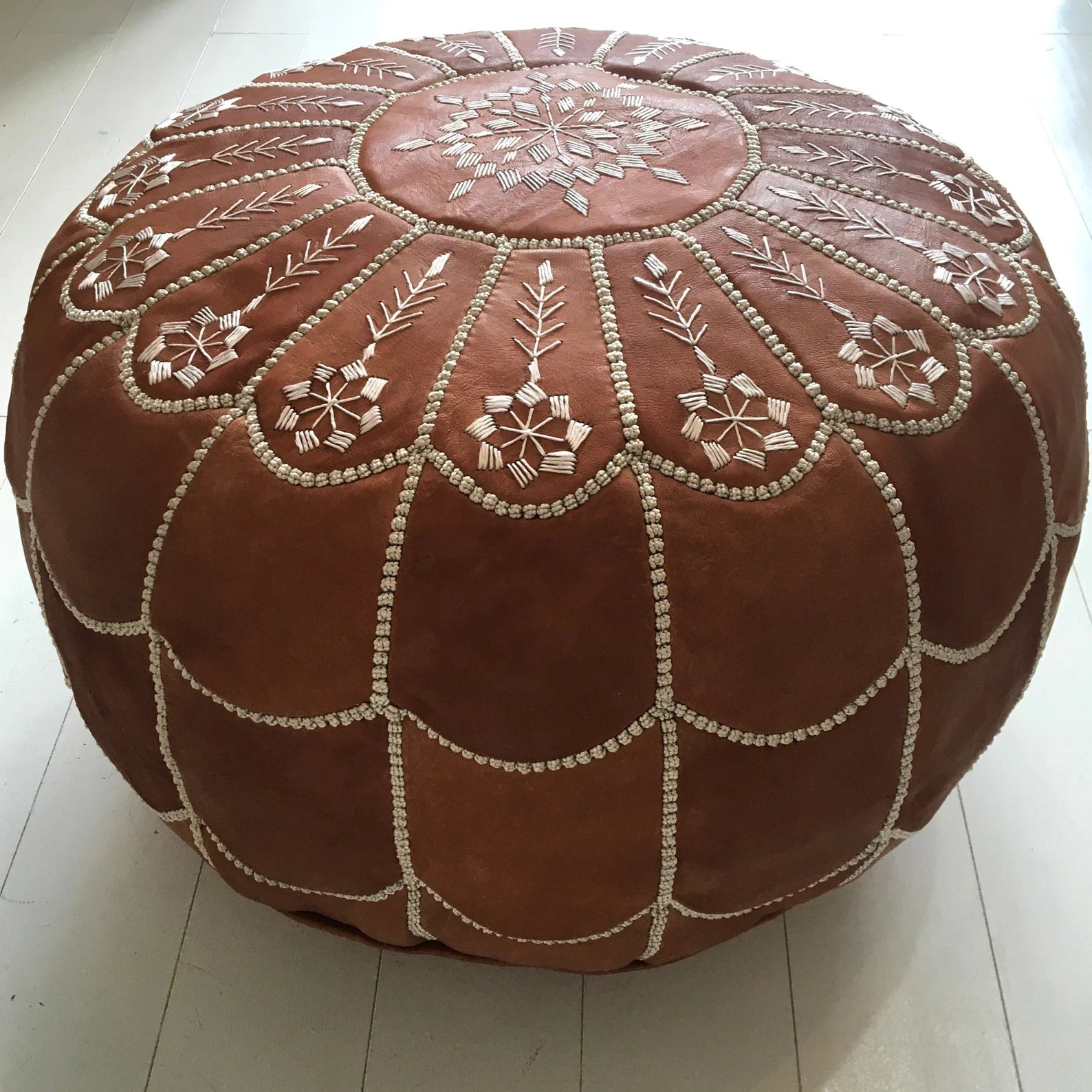 Tan Brown Full Embroidered Flower Design Moroccan Leather Ottoman Pouffe