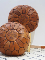 Brown with Dark Brown Embroidery Moroccan Ottoman Pouf Leather