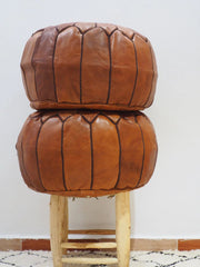 Brown with Dark Brown Embroidery Moroccan Ottoman Pouf Leather