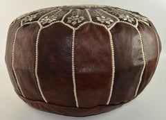 Dark Brown Full Embroidered Moroccan Leather Ottoman Pouffe