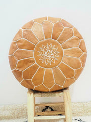 Light Tan Brown Natural Moroccan Leather Ottoman Pouffe