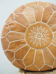 Light Tan Brown Natural Moroccan Leather Ottoman Pouffe