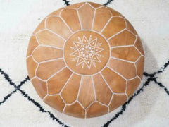 Light Tan Brown Natural Moroccan Leather Ottoman Pouffe